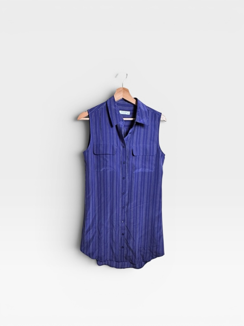 EQUIPMENT Silk Sleeveless Button-Front Blue Pinstripe Long Shirt